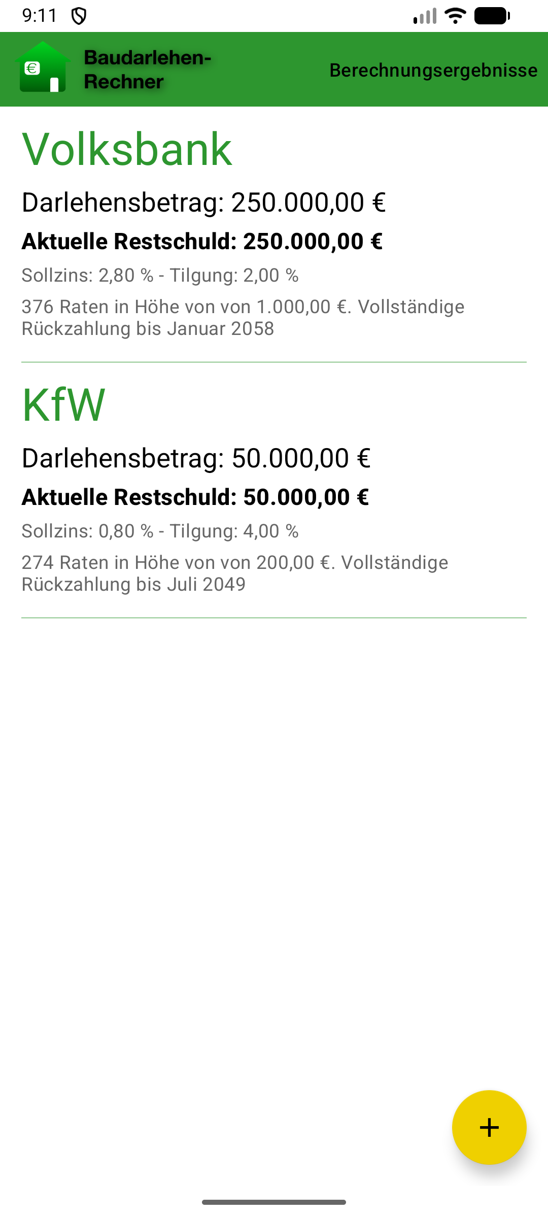 Ergebnisübersicht im Baudarlehen-Rechner für Android